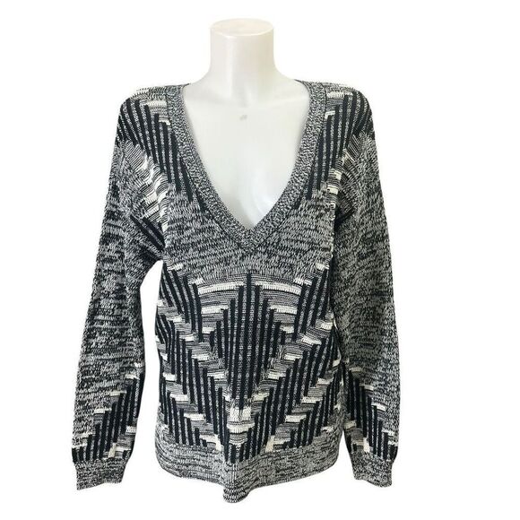 Anthropologie Silence+Noise Black White V Neck Tribal Print Knit Aztec Sweater M - Picture 1 of 9